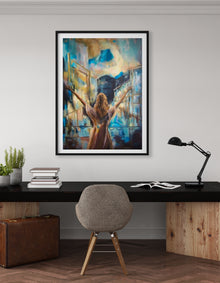 I Am Wild Possibility fine art print by Swedish artist Ingela Johansson framed above a wooden desk in a home office