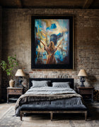 Large framed I Am Wild Possibility fine art print by Swedish artist Ingela Johansson above a bed against a rustic brick wall