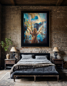 Large framed I Am Wild Possibility fine art print by Swedish artist Ingela Johansson above a bed against a rustic brick wall