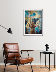 Framed I Am Wild Possibility fine art print by Swedish artist Ingela Johansson above a leather armchair