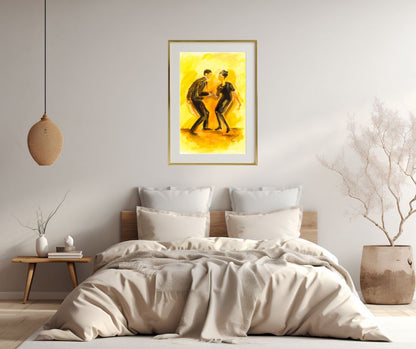 'I Want to Hold Your Hand' artwork framed and displayed in a contemporary bedroom, creating a calming yet vibrant focal point."