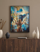 I Am Wild Possibility fine art print by Swedish artist Ingela Johansson in a dark frame above a walnut sideboard with ceramic vases