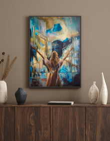 I Am Wild Possibility fine art print by Swedish artist Ingela Johansson in a dark frame above a walnut sideboard with ceramic vases