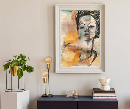 "Ignite" – A dynamic portrait by Ingela Johansson, using ochre, turquoise, and black to express inner energy, with a harmonious connection to the landscape.