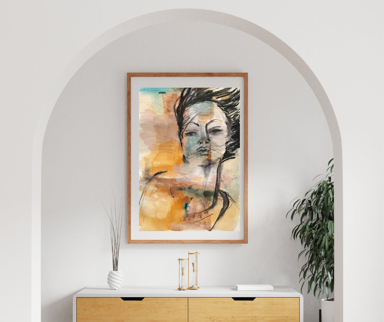 "Ignite" – An expressive semi-abstract portrait by Ingela Johansson, featuring warm ochre, turquoise, and black tones, with a connection to the surrounding landscape.