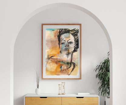 "Ignite" – An expressive semi-abstract portrait by Ingela Johansson, featuring warm ochre, turquoise, and black tones, with a connection to the surrounding landscape.