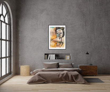 "Ignite" – A striking semi-abstract portrait by Ingela Johansson, where the warm and cool tones of ochre, turquoise, and black merge with the landscape’s essence.