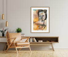 "Ignite" – An expressive semi-abstract portrait by Ingela Johansson, combining earthy tones and bold colors to evoke awakening and inner fire, with landscape-inspired elements.