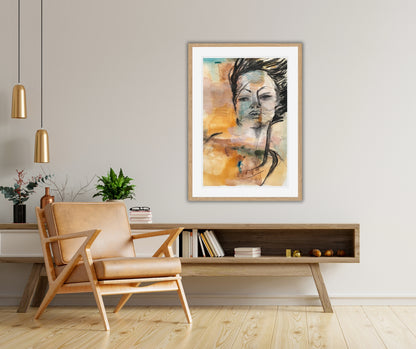 "Ignite" – An expressive semi-abstract portrait by Ingela Johansson, combining earthy tones and bold colors to evoke awakening and inner fire, with landscape-inspired elements.