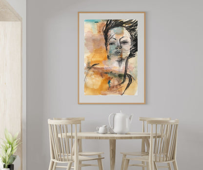 "Ignite" – A semi-abstract artwork by Ingela Johansson, where ochre, turquoise, and browns reflect a deep connection between the portrait and the surrounding landscape.