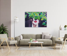 Graphic semi-abstract portrait of a woman with half her face veiled in leaves, showing only her nose and red lips. Art print by Ingela Johansson.