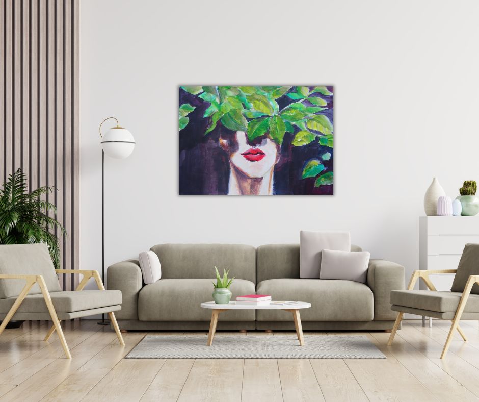 Graphic semi-abstract portrait of a woman with half her face veiled in leaves, showing only her nose and red lips. Art print by Ingela Johansson.