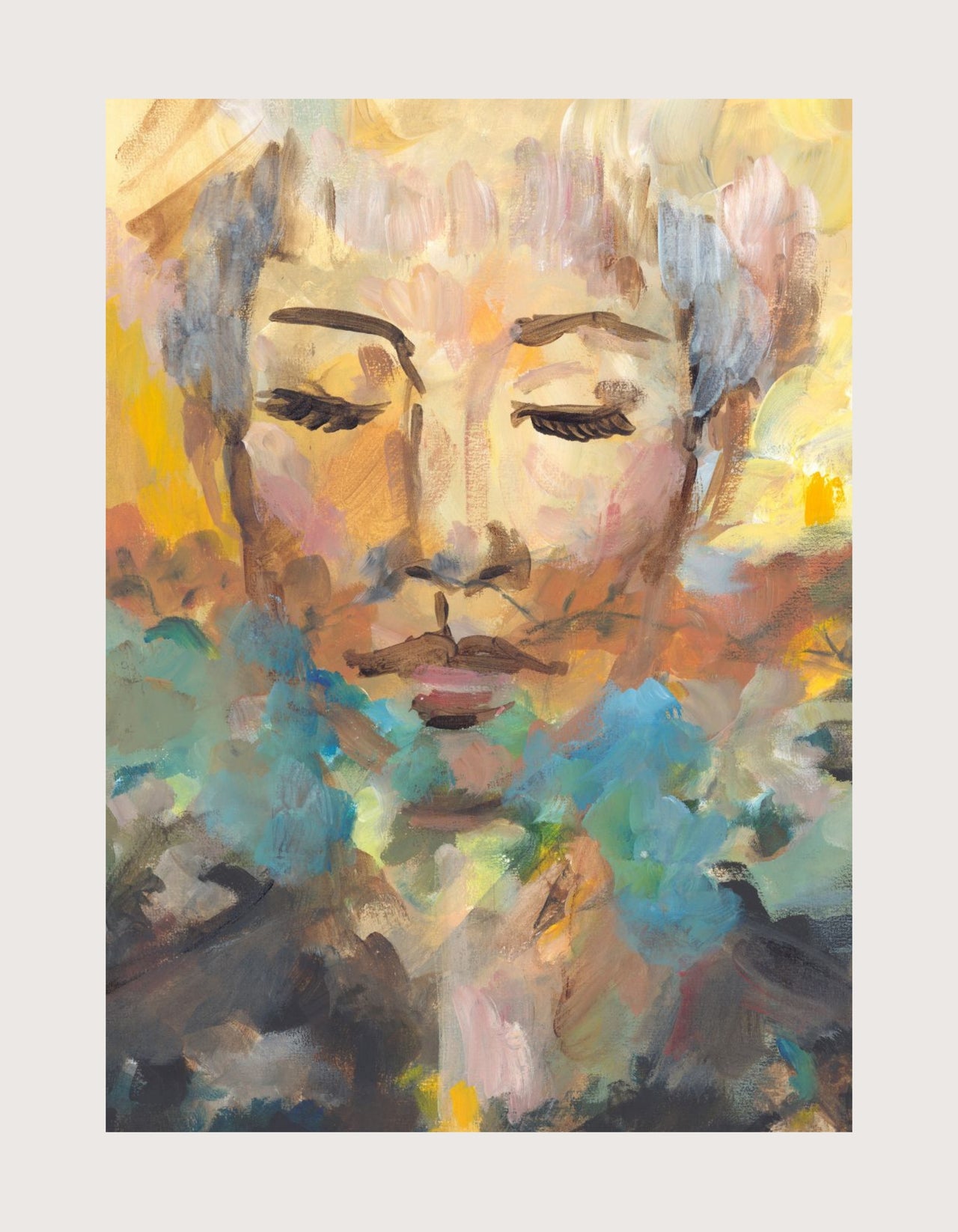 An expressive, close-up portrait painting of a face with closed eyes, rendered in loose, gestural brushwork. The figure appears serene and deeply interior. Around and behind her, colour erupts — warm yellows and terracottas in the upper field, shifting into teal, blue-grey, and soft pink below. The face itself is calm at the centre of the storm of colour, suggesting a rich and vivid inner world.