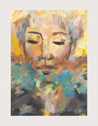 An expressive, close-up portrait painting of a face with closed eyes, rendered in loose, gestural brushwork. The figure appears serene and deeply interior. Around and behind her, colour erupts — warm yellows and terracottas in the upper field, shifting into teal, blue-grey, and soft pink below. The face itself is calm at the centre of the storm of colour, suggesting a rich and vivid inner world.