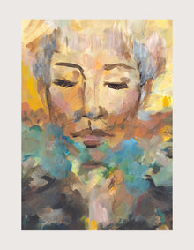 An expressive, close-up portrait painting of a face with closed eyes, rendered in loose, gestural brushwork. The figure appears serene and deeply interior. Around and behind her, colour erupts — warm yellows and terracottas in the upper field, shifting into teal, blue-grey, and soft pink below. The face itself is calm at the centre of the storm of colour, suggesting a rich and vivid inner world.
