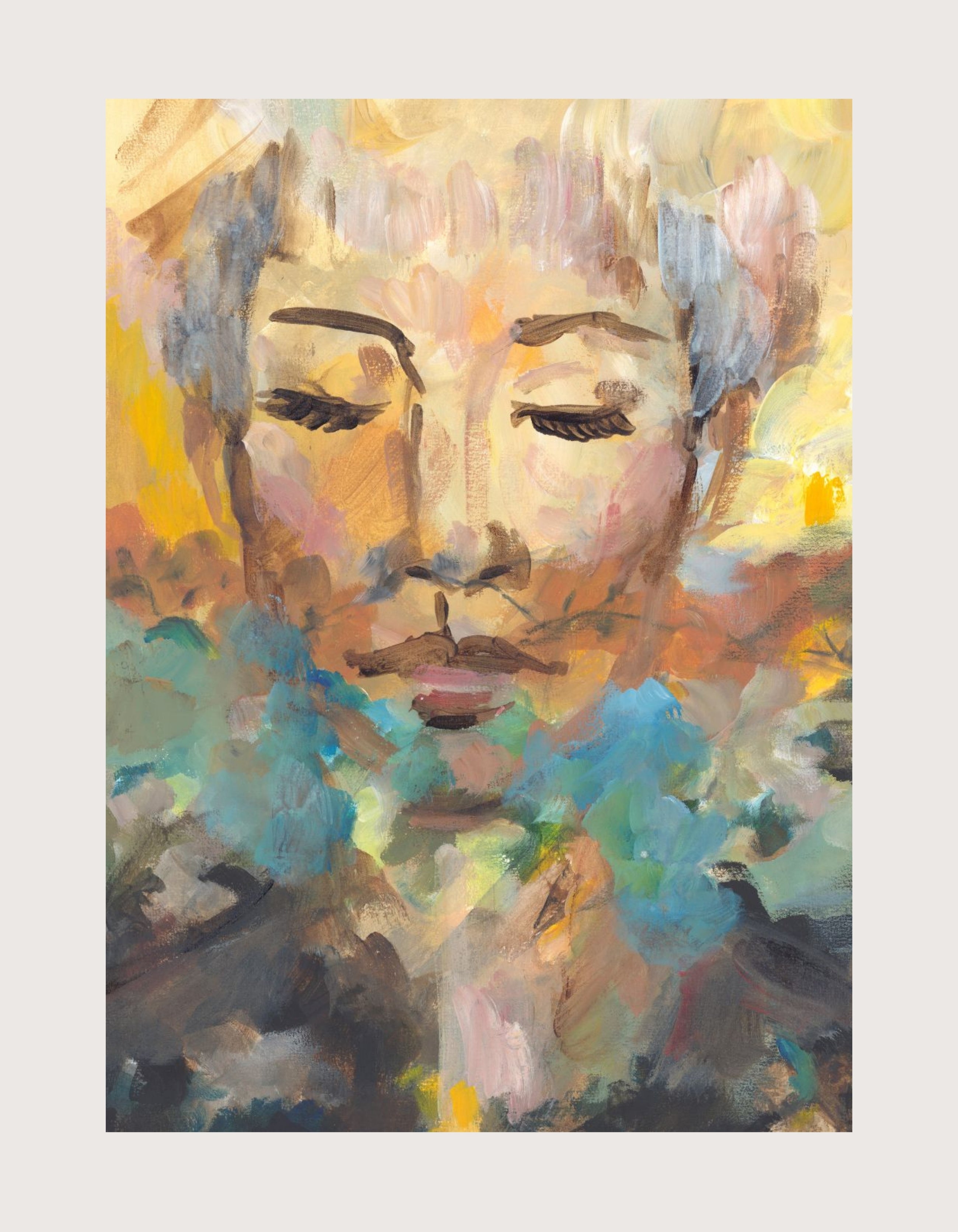 An expressive, close-up portrait painting of a face with closed eyes, rendered in loose, gestural brushwork. The figure appears serene and deeply interior. Around and behind her, colour erupts — warm yellows and terracottas in the upper field, shifting into teal, blue-grey, and soft pink below. The face itself is calm at the centre of the storm of colour, suggesting a rich and vivid inner world.