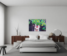 Expressive portrait of a woman, half her face covered in leaves, revealing only her nose and red lips. Graphic, semi-abstract style by Ingela Johansson.