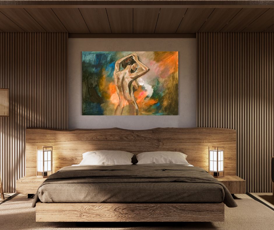 Expressive art piece In Her Own Power, capturing transformation and healing. Limited edition canvas print by Swedish artist Ingela Johansson.