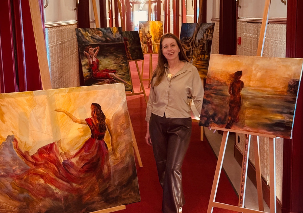 Ingela Johansson with the RED Collection — seven paintings inspired by the emotional thresholds of The Red Silk Dress — at The Editory Riverside Santa Apolónia, Lisbon.
