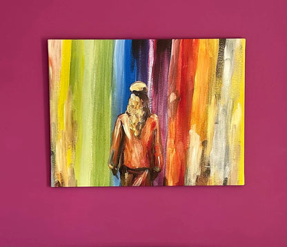 "Into the future" canvas print on a clients red wall