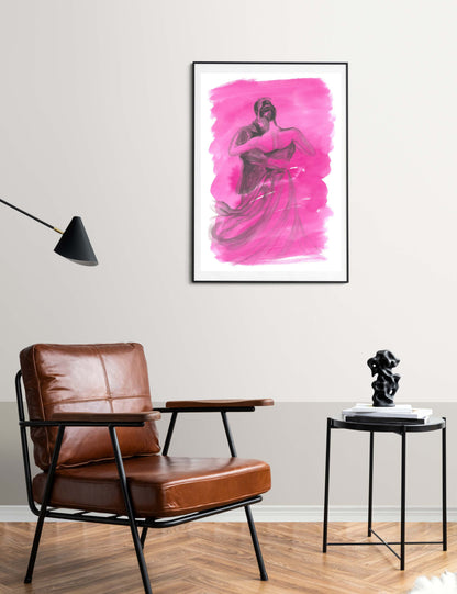 Framed fine art print of Into the Swirl displayed in a modern interior. The painting shows a dancing couple in motion, radiating romantic energy through flowing lines and a strong pink hue.