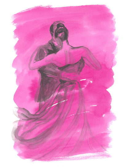 Expressive ink painting of a couple waltzing on a vibrant pink background. The woman is seen from behind with her skirt swirling mid-dance, evoking romance and movement.
