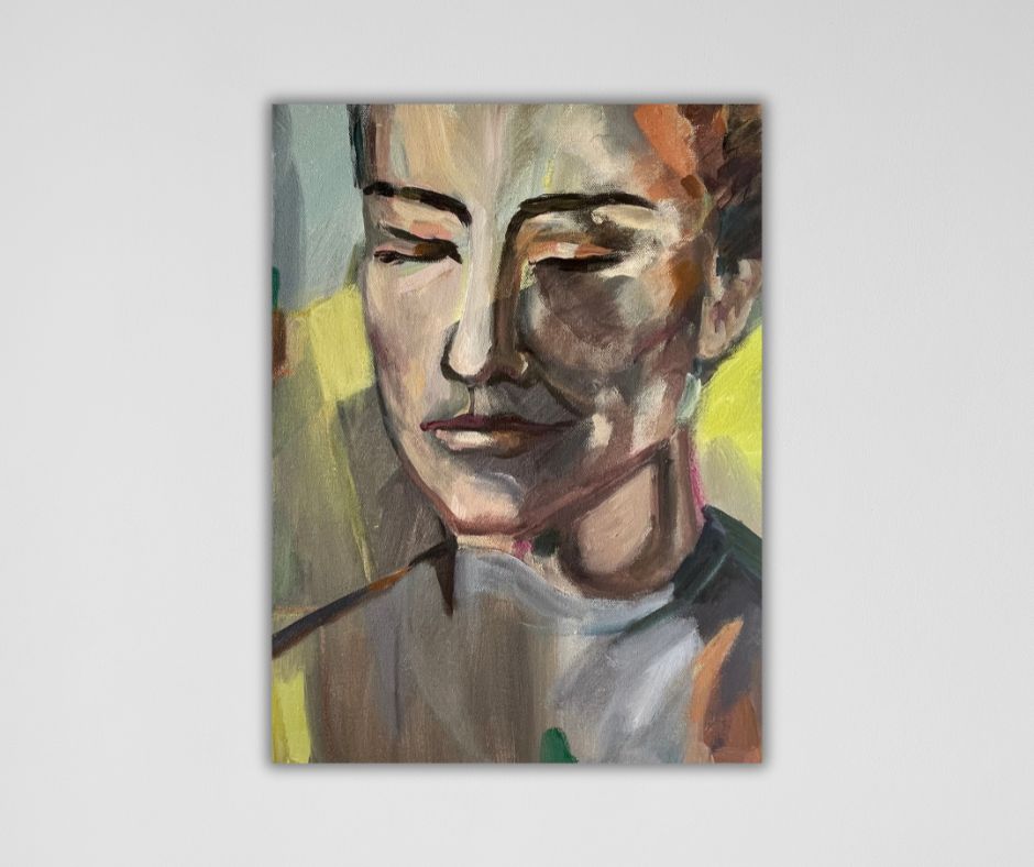 One-of-a-kind contemporary painting by Ingela Johansson featuring a woman's expressive face in bold acrylic strokes on a 30 x 40 cm canvas.