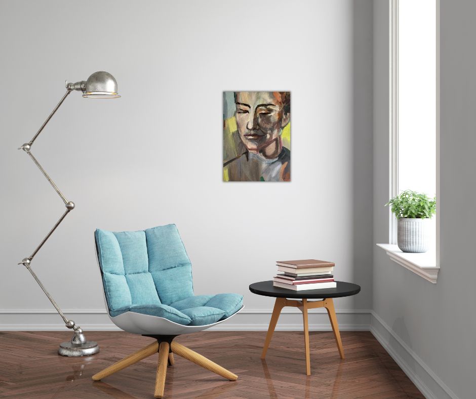 Unique acrylic portrait of a woman on canvas by Ingela Johansson, a Swedish female artist. Modern expressive art, size 30 x 40 cm.