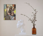 Contemporary acrylic painting by Ingela Johansson showcasing an emotional portrait of a woman. One-of-a-kind canvas, 30 x 40 cm