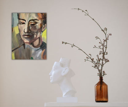 Contemporary acrylic painting by Ingela Johansson showcasing an emotional portrait of a woman. One-of-a-kind canvas, 30 x 40 cm