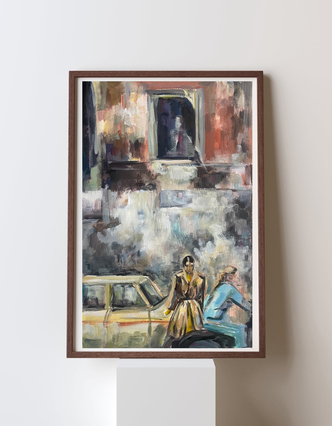 A loose, expressive work on paper depicting two figures on an evening stroll in an Italian urban setting. A woman in a belted trench coat and yellow gloves stands in the foreground — unhurried, present, dressed to be seen. Beside her, a second figure in blue leans into the moment. Behind them, ancient architecture dissolves into layered, gestural brushwork of warm terracotta, deep indigo, and weathered grey — a city that has always known how to slow down.