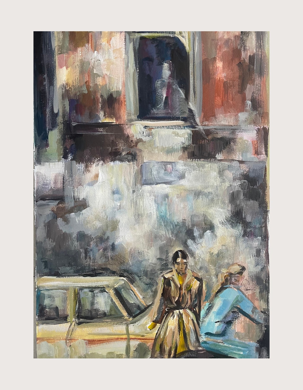 A loose, expressive work on paper depicting two figures in an urban setting. A woman in a belted trench coat and yellow gloves stands in the foreground, poised and unhurried. Beside her, a second figure in blue leans casually against what appears to be a low wall or vehicle. Behind them, abstracted architecture — warm terracotta, deep indigo, weathered grey — fills the upper half of the composition with layered, gestural brushwork.