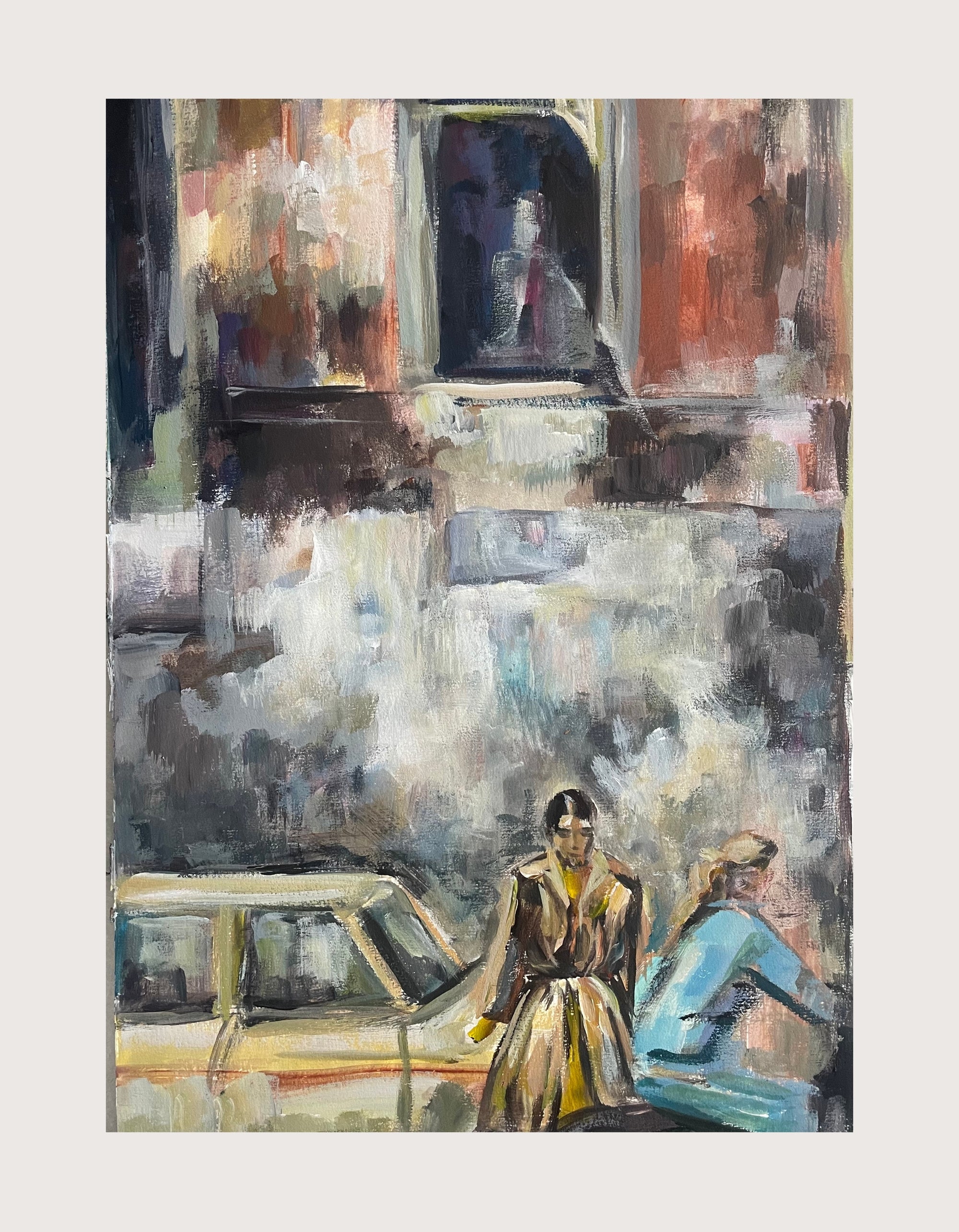 A loose, expressive work on paper depicting two figures in an urban setting. A woman in a belted trench coat and yellow gloves stands in the foreground, poised and unhurried. Beside her, a second figure in blue leans casually against what appears to be a low wall or vehicle. Behind them, abstracted architecture — warm terracotta, deep indigo, weathered grey — fills the upper half of the composition with layered, gestural brushwork.