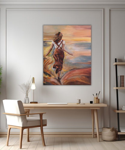 Interior view of a modern home office featuring “Leap of Light.” The vibrant artwork contrasts beautifully with clean white walls and wooden furniture.