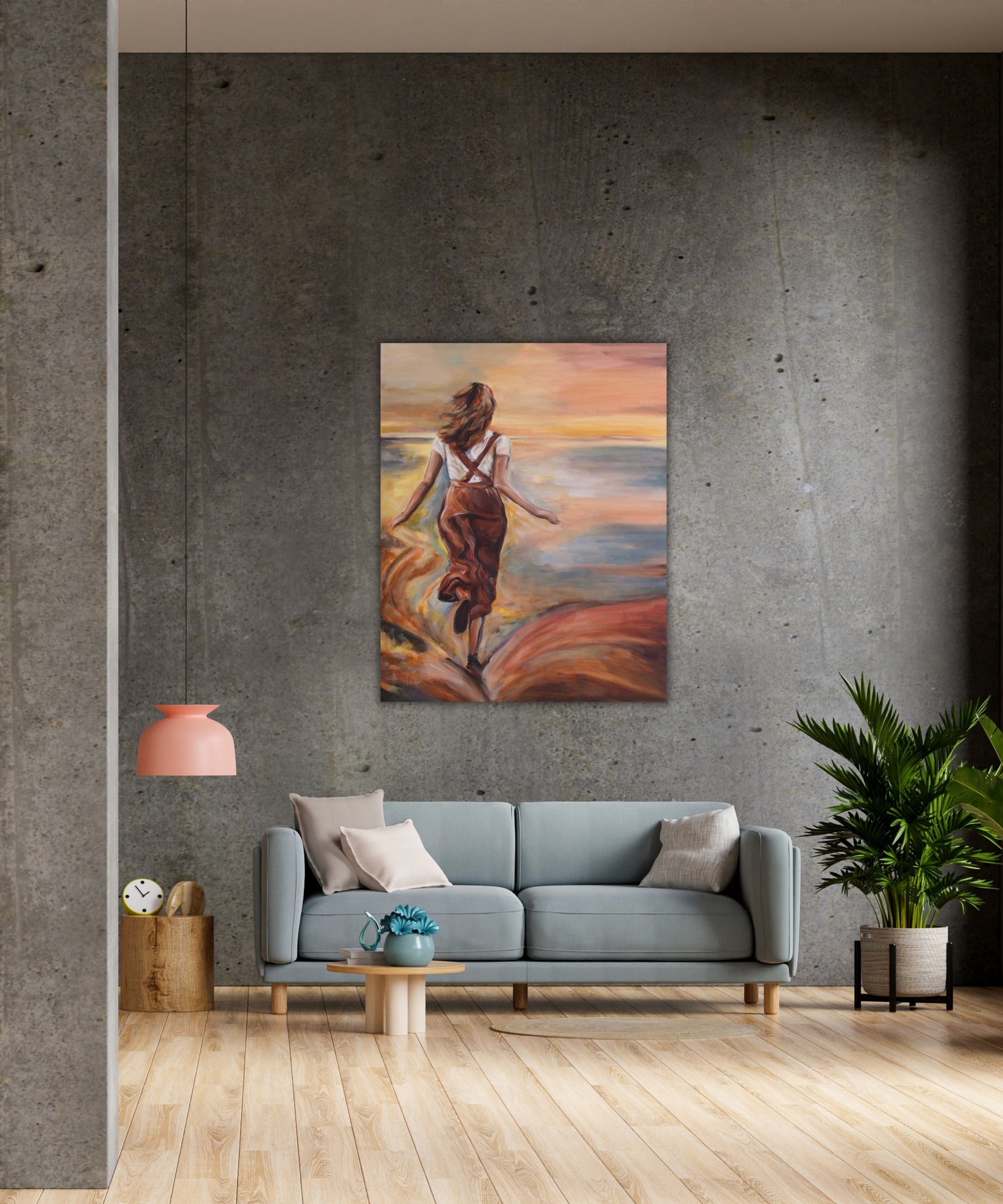 “Leap of Light” displayed in a cozy living room.. Soft lighting and textiles surround the artwork, emphasizing its uplifting presence.