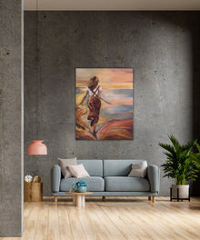 “Leap of Light” displayed in a cozy living room.. Soft lighting and textiles surround the artwork, emphasizing its uplifting presence.