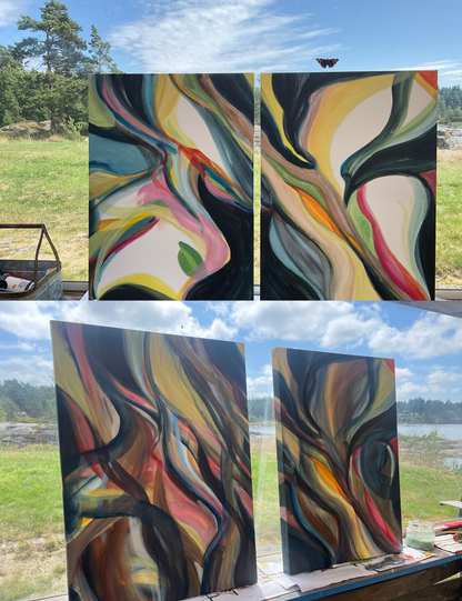 Showing the painting process outside of making Light Finds It's way and Connection by ngela Johansson