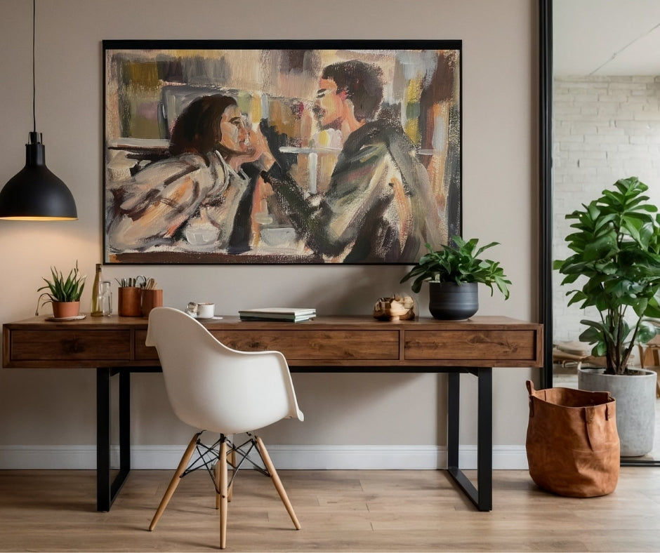 A woman and a man looking into each other eyes. Painted by artist Ingela Joahnsson