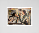 A fine art print of a painting of a woman looking into the eyes of a man by Ingela Johansson Swedish artist