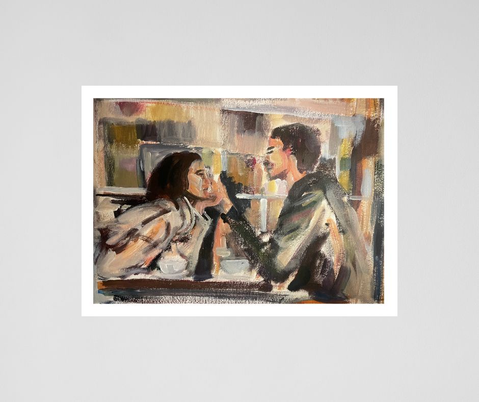 A fine art print of a painting of a woman looking into the eyes of a man by Ingela Johansson Swedish artist