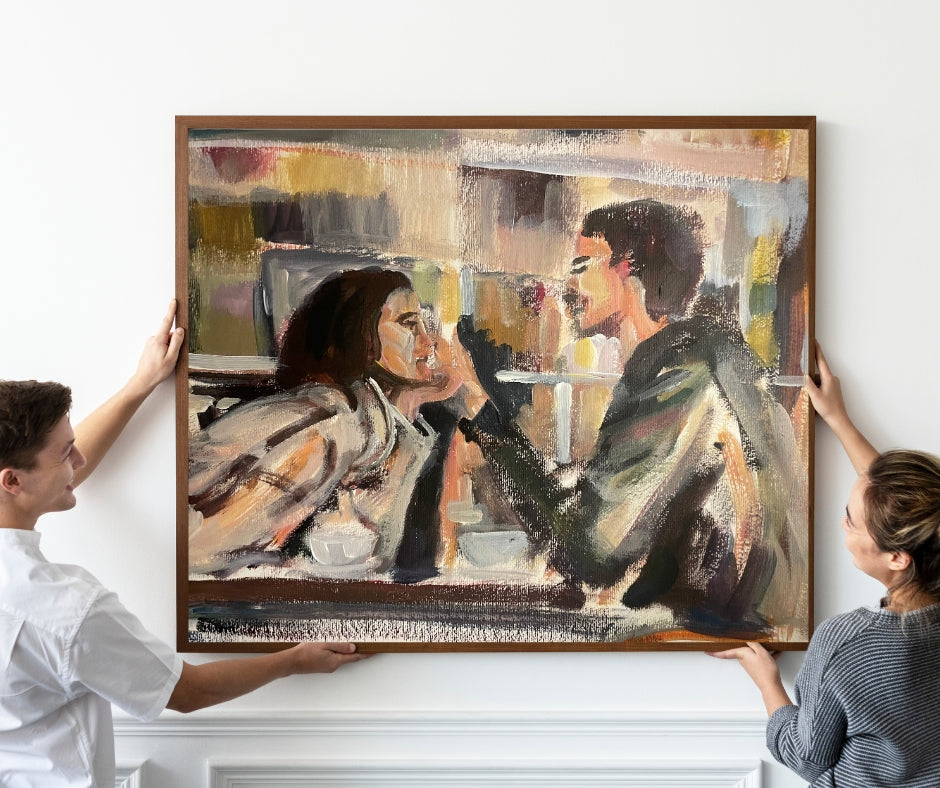 Love is in the air a romantic painting by Ingela Johansson in a frame held up by a couple