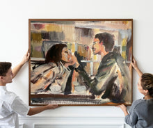 Love is in the air a romantic painting by Ingela Johansson in a frame held up by a couple