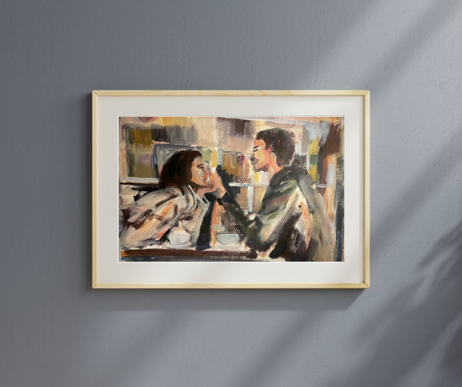 Fine art print "Love is in the air" by artist Ingela Johansson in an oak frame. Showing connection and romance.