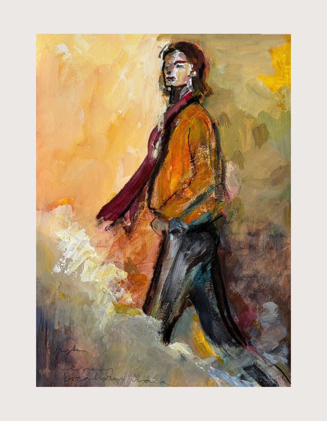 Semi-abstract expressive painting of a woman walking forward, seen in profile. She wears an ochre jacket and burgundy scarf. Painted in acrylic and charcoal on paper, with loose expressive brushwork in warm golds, oranges and earthy tones. Work on paper by Ingela Johansson.