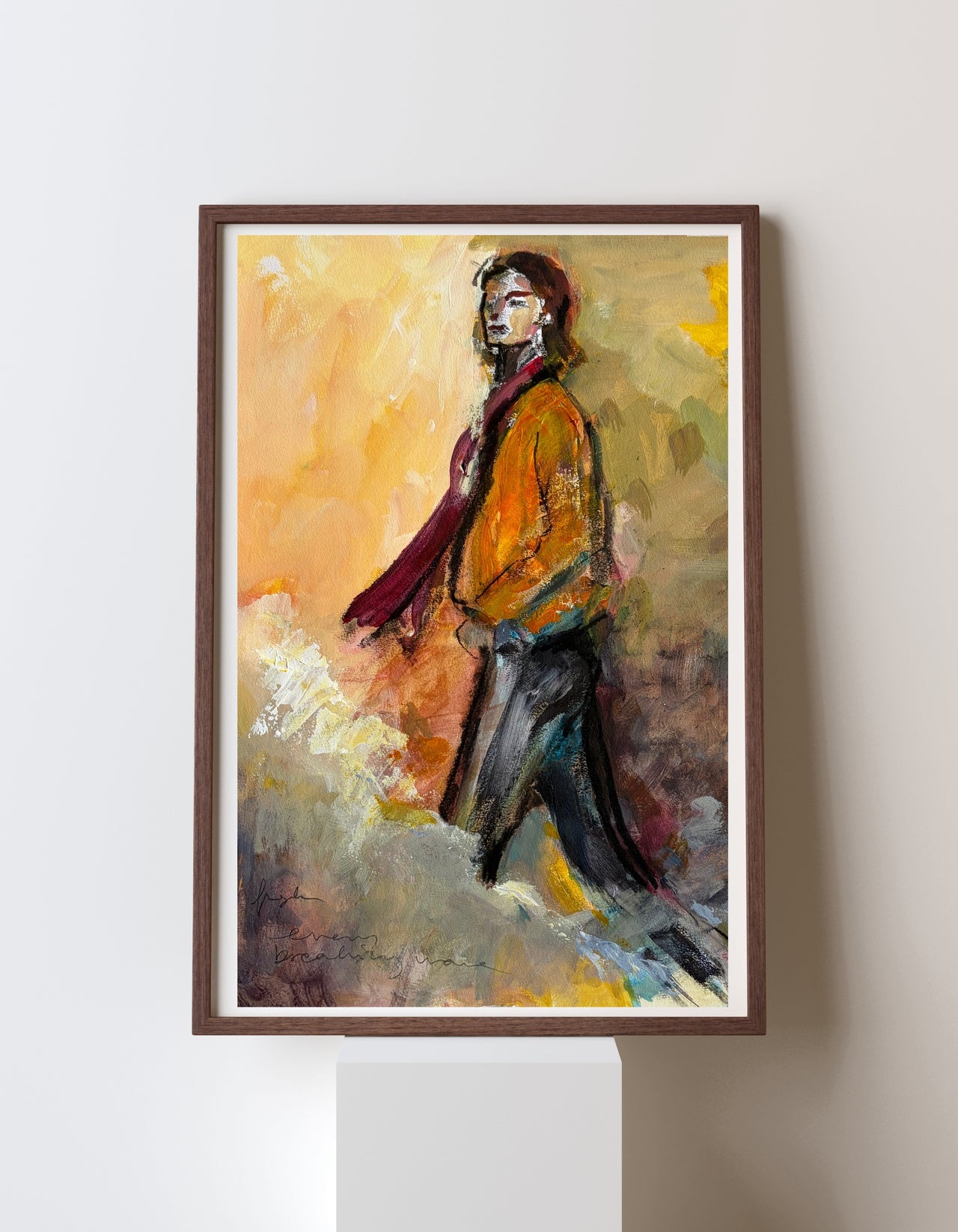 Semi-abstract expressive painting of a woman walking forward, seen in profile. She wears an ochre jacket and burgundy scarf. Painted in acrylic and charcoal on paper, with loose expressive brushwork in warm golds, oranges and earthy tones. Work on paper, in a frame to showcase delivered unframed