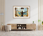 Fineartprint Open by artist Ingela Johansson in an oak frame hanging in a modern Scandinavian interior