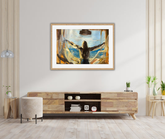 Fineartprint Open by artist Ingela Johansson in an oak frame hanging in a modern Scandinavian interior