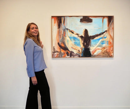 Nordic artist Ingela Johansson with "Open" on a gallery wall