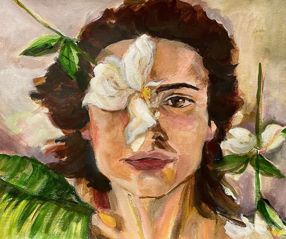 "Orchid Woman" – A captivating canvas print by Ingela Johansson, showcasing the resilience and vulnerability of a woman, painted in acrylic to the rhythm of music.