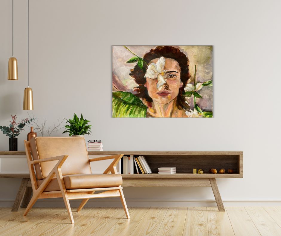"Orchid Woman" – A powerful canvas print by Ingela Johansson, reflecting the contrast of delicate beauty and fierce resilience, painted to music in acrylic.
